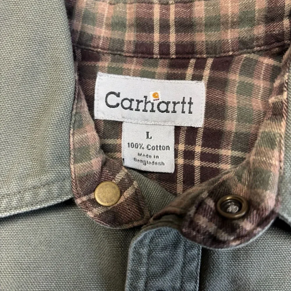 Carhartt Olive Duck Canvas Flannel Lined Chore Shirt Jacket Men's L 100% Cotton